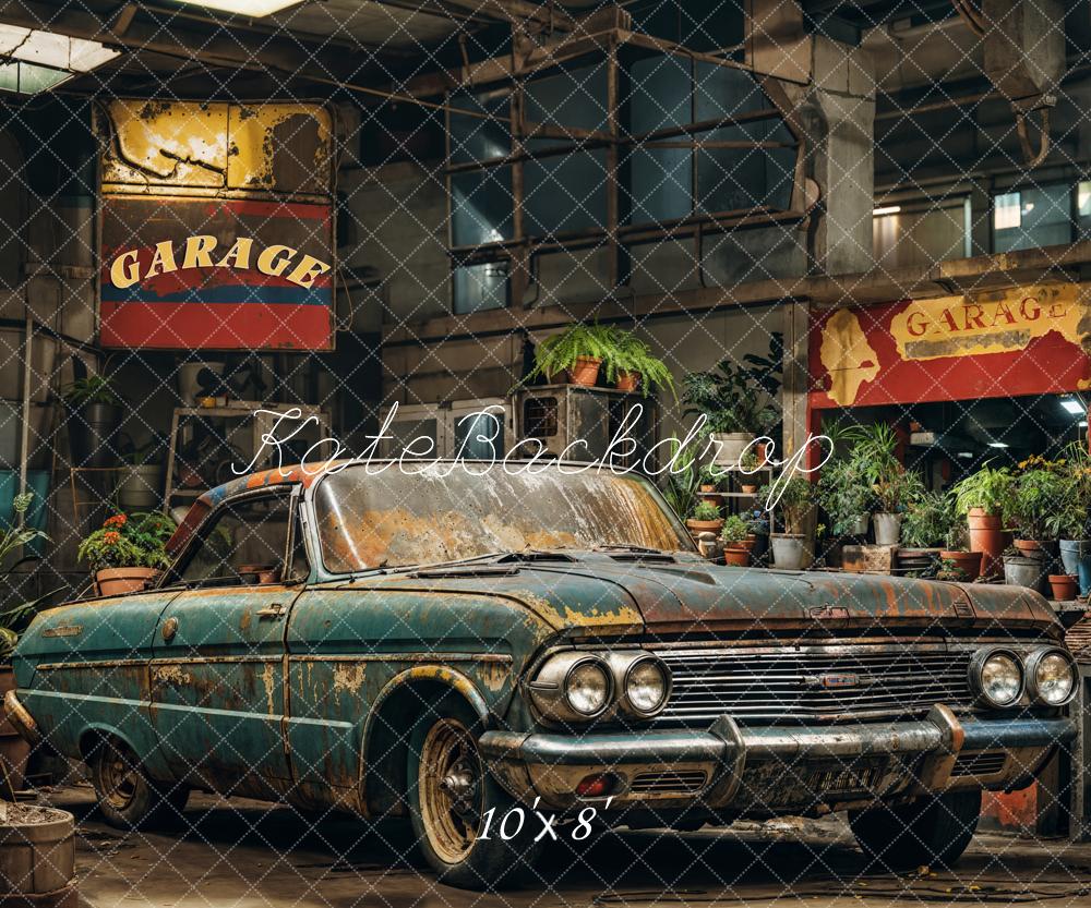 Kate Retro Dark Green Car Garage Backdrop Designed by Emetselch - Image 5