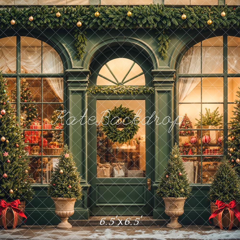 Kate Retro Dark Green Christmas Gift Store Backdrop Designed by Emetselch - Image 2