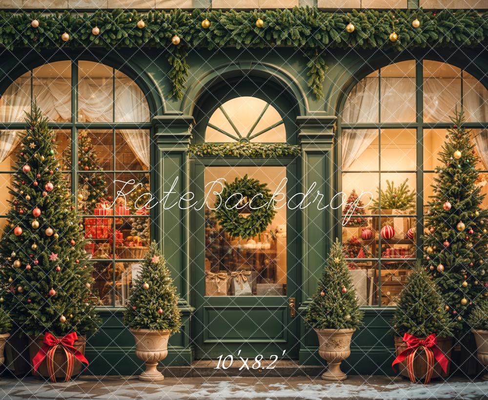 Kate Retro Dark Green Christmas Gift Store Backdrop Designed by Emetselch - Image 5