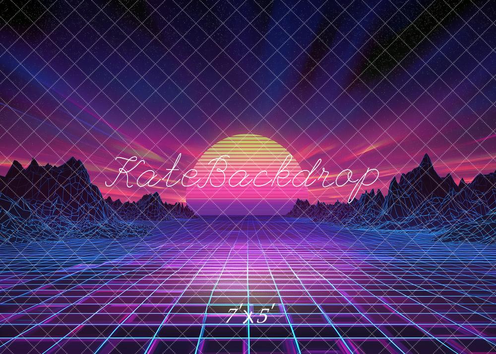 Kate Retro Grid Synthwave Sunset Landscape Backdrop Designed by Angela Marie Photography