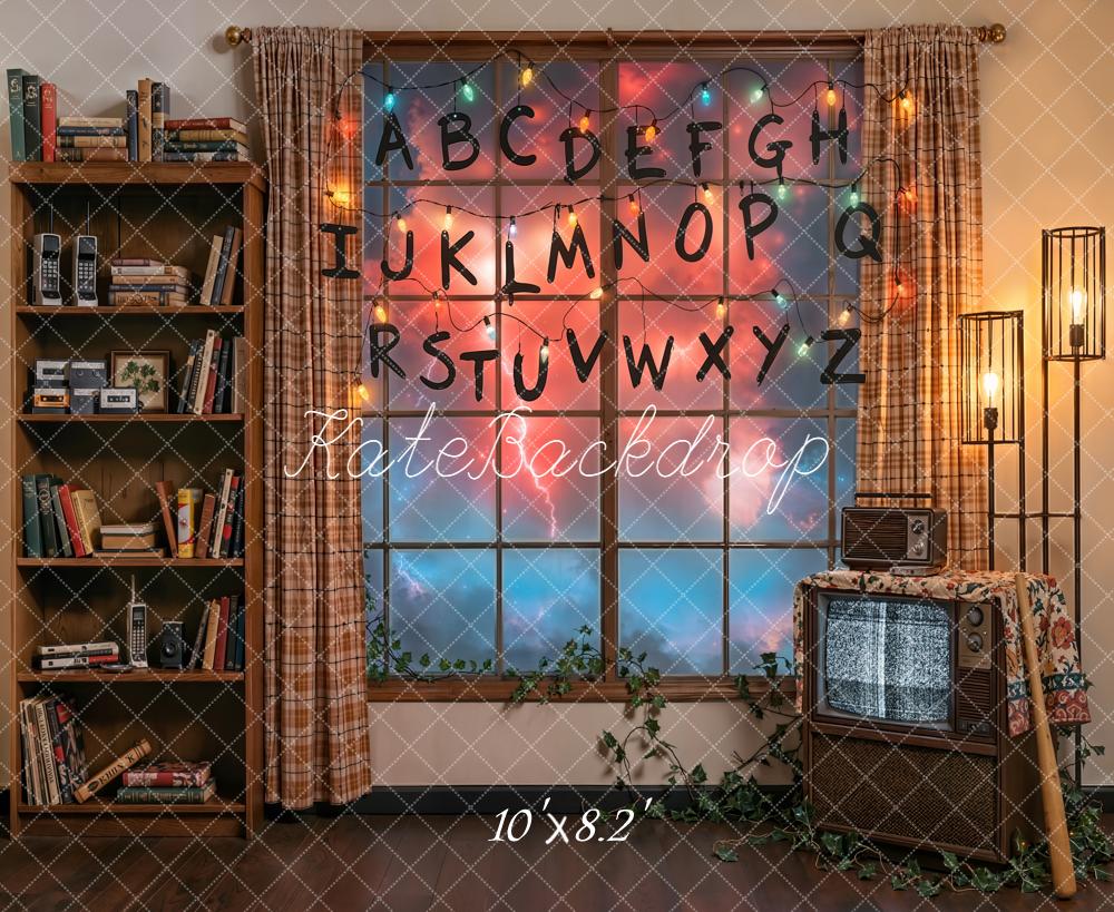 Kate Retro Living Room Alphabet String Lights Fleece Backdrop Designed by Emetselch - Image 3