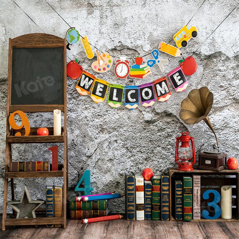 Kate Retro School Book Cement Brick Wall Backdrop for Photography - Image 2
