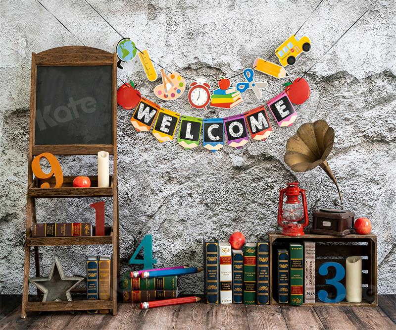 Kate Retro School Book Cement Brick Wall Backdrop for Photography - Image 3