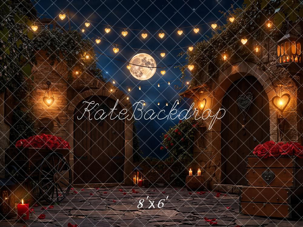 Kate Romantic Courtyard Heart Lights Moon Roses Fleece Backdrop Designed by Emetselch