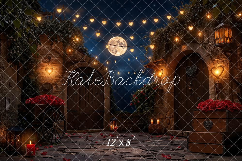 Kate Romantic Courtyard Heart Lights Moon Roses Fleece Backdrop Designed by Emetselch - Image 4
