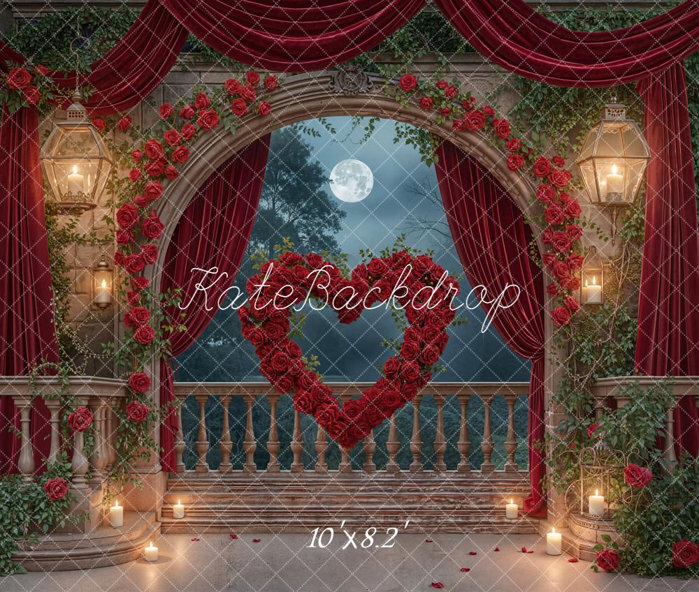 Kate Romantic Red Roses Arch Balcony Fleece Backdrop Designed by Emstselch - Image 3