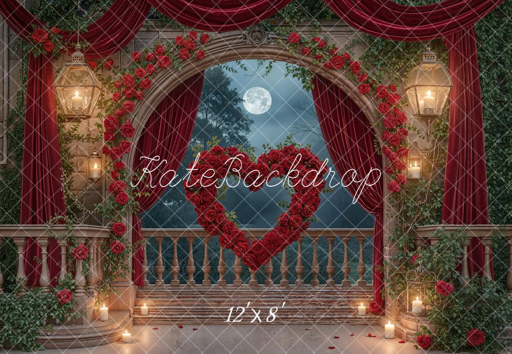 Kate Romantic Red Roses Arch Balcony Fleece Backdrop Designed by Emstselch - Image 4