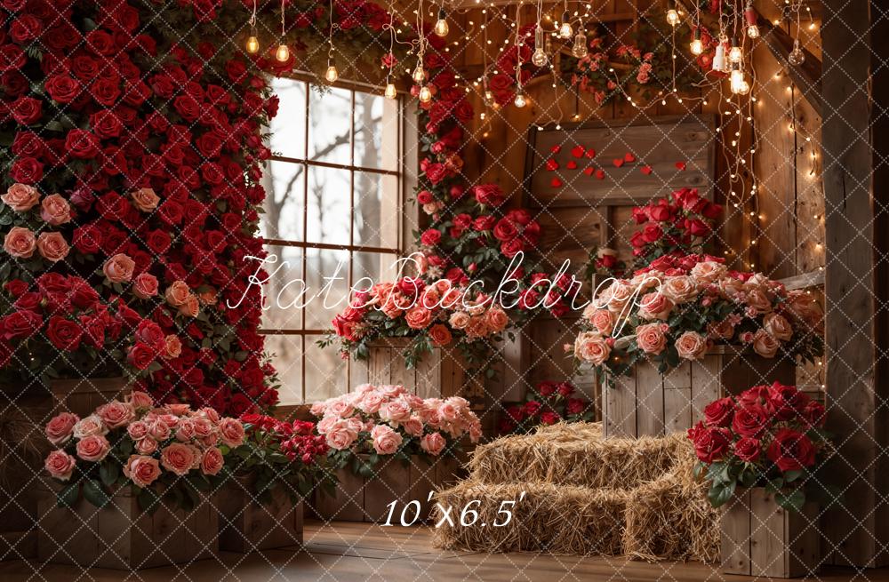 Kate Valentine Roses Hay Barn Fairy Lights Fleece Backdrop Designed by Emetselch - Image 2