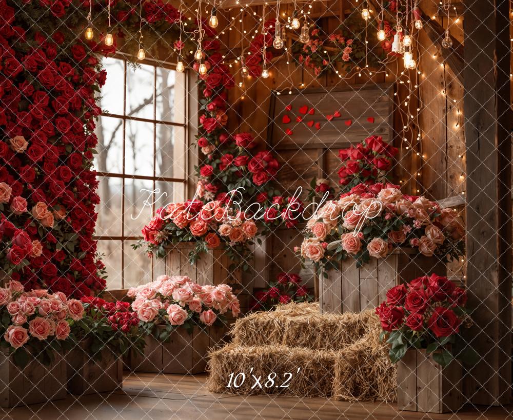 Kate Valentine Roses Hay Barn Fairy Lights Fleece Backdrop Designed by Emetselch - Image 3