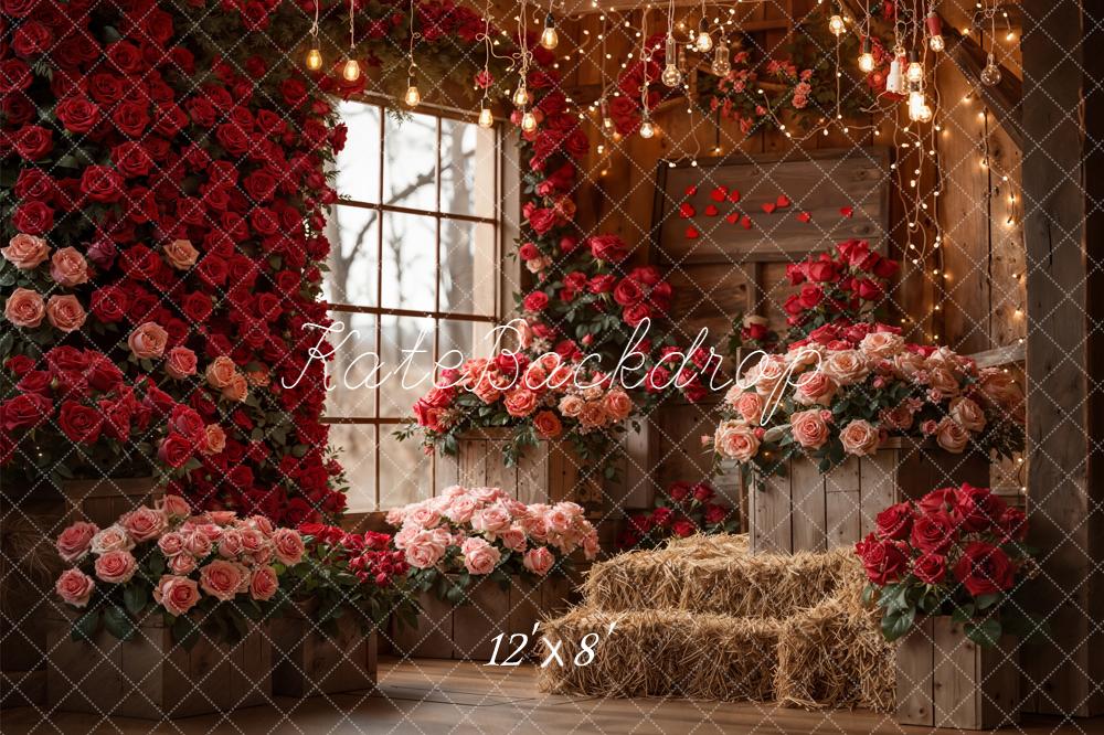 Kate Valentine Roses Hay Barn Fairy Lights Fleece Backdrop Designed by Emetselch - Image 4