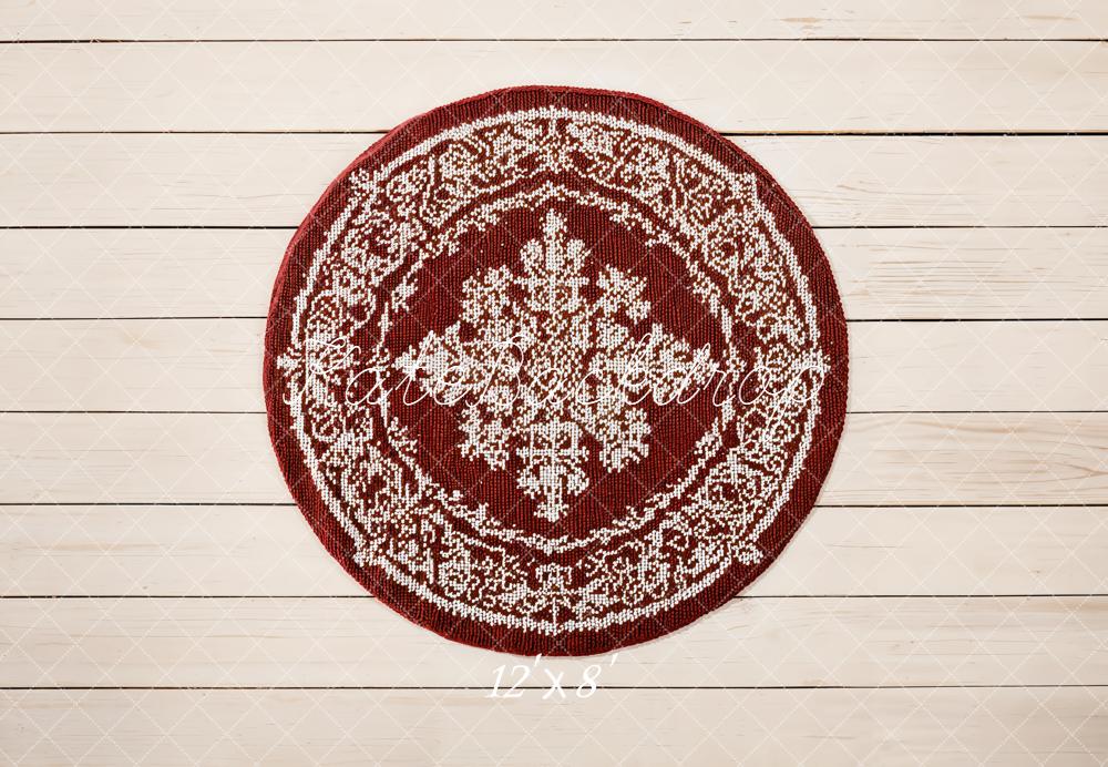 Kate Round Red Rug White Wood Planks Fleece Backdrop Designed by Emetselch - Image 2