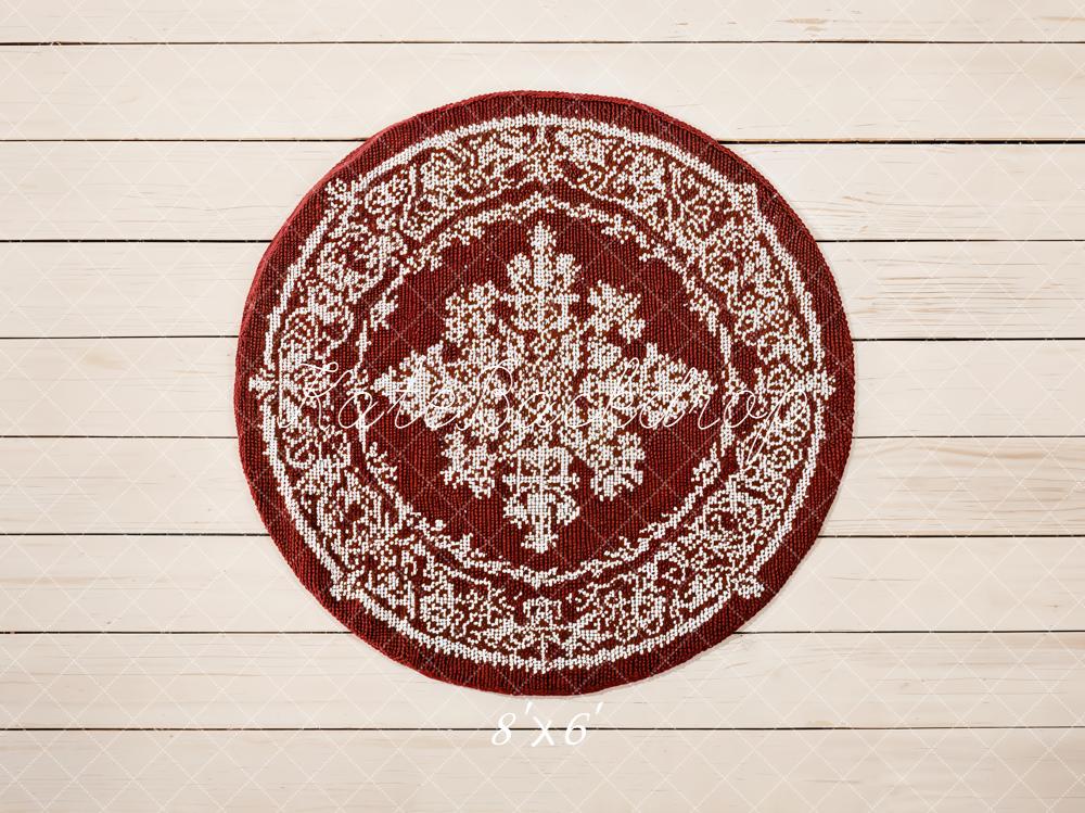 Kate Round Red Rug White Wood Planks Fleece Backdrop Designed by Emetselch - Image 3