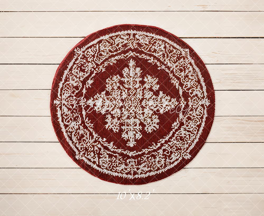 Kate Round Red Rug White Wood Planks Fleece Backdrop Designed by Emetselch - Image 4