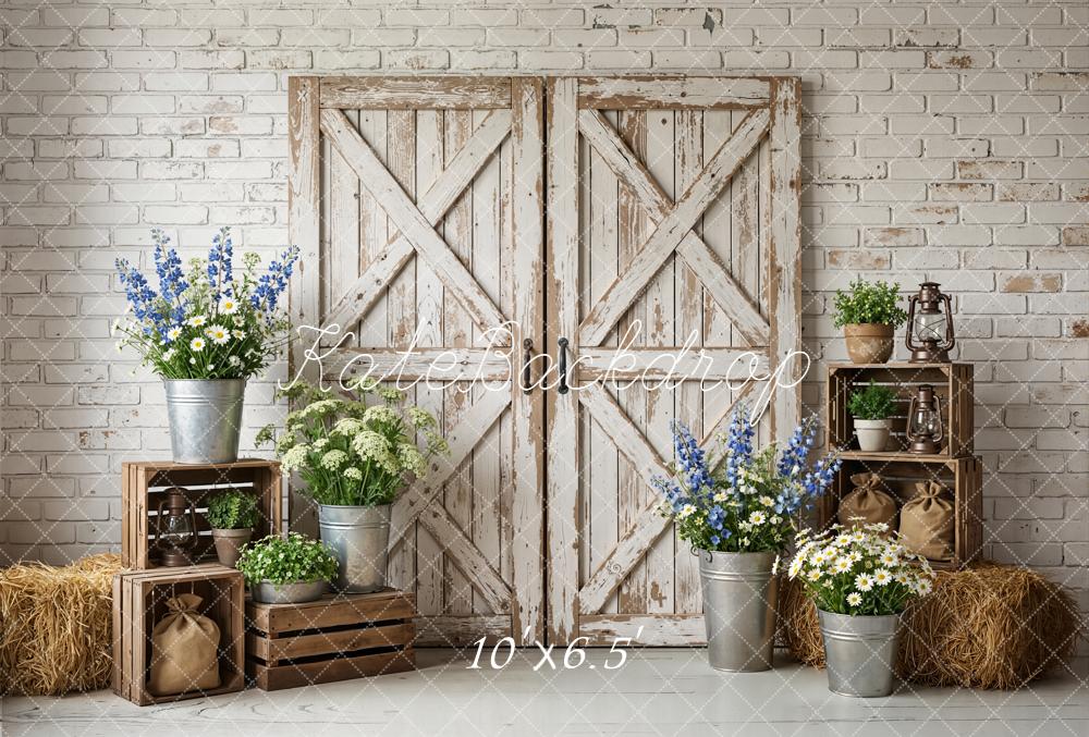 Kate Rustic Barn Door Brick Wall Fleece Backdrop Designed by Emstselch - Image 2
