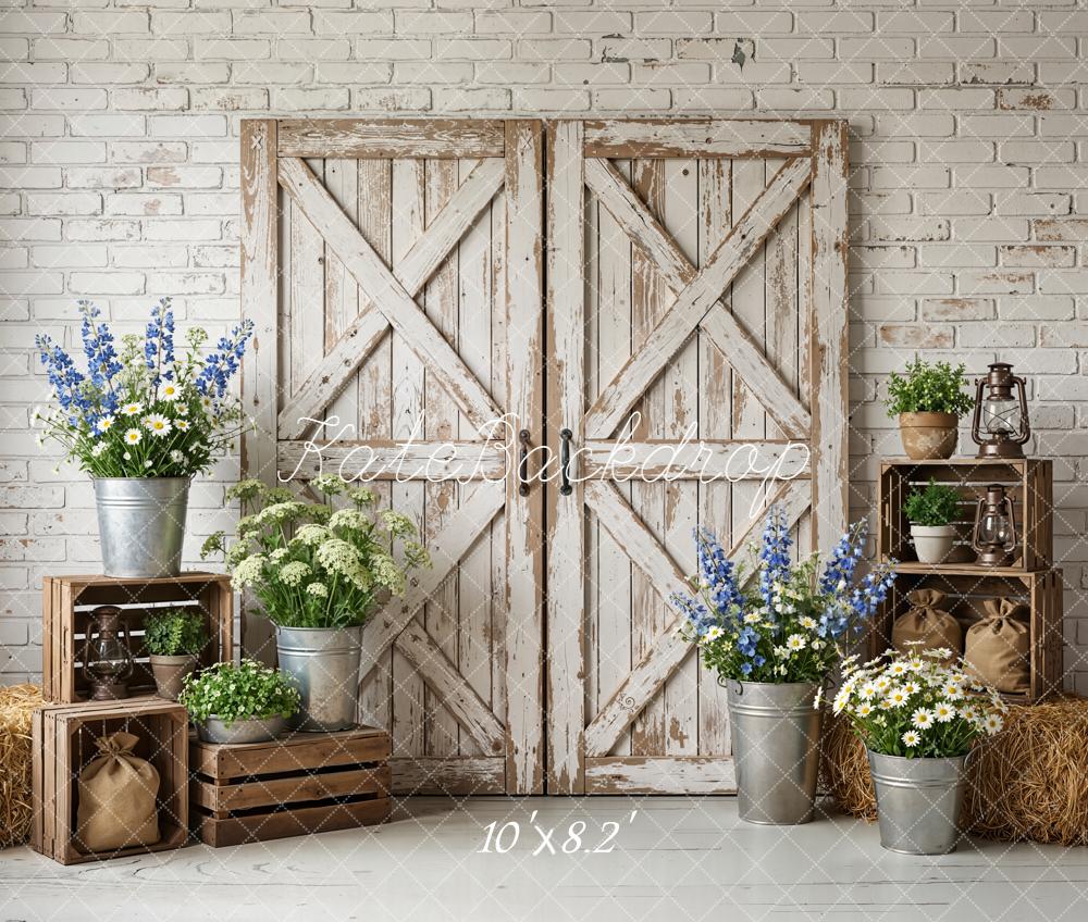 Kate Rustic Barn Door Brick Wall Fleece Backdrop Designed by Emstselch - Image 3