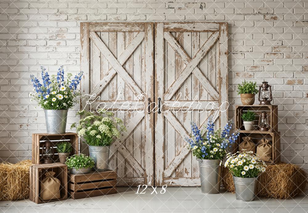 Kate Rustic Barn Door Brick Wall Fleece Backdrop Designed by Emstselch - Image 4