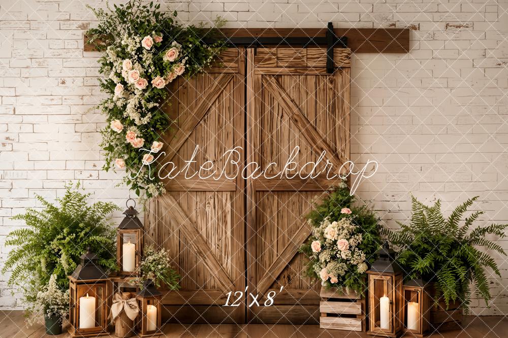 Kate Rustic Barn Door Floral Lanterns Fleece Backdrop Designed by Emetselch - Image 4