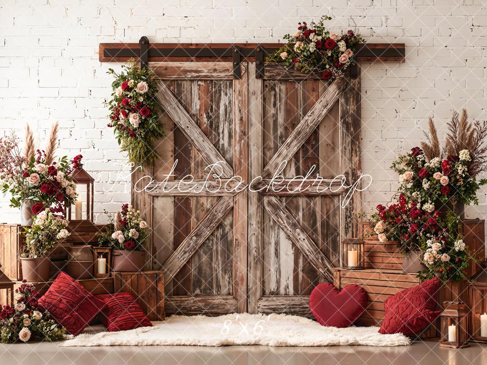 Kate Valentine Rustic Barn Door Red Floral Crate Backdrop Designed by Emetselch - Image 3