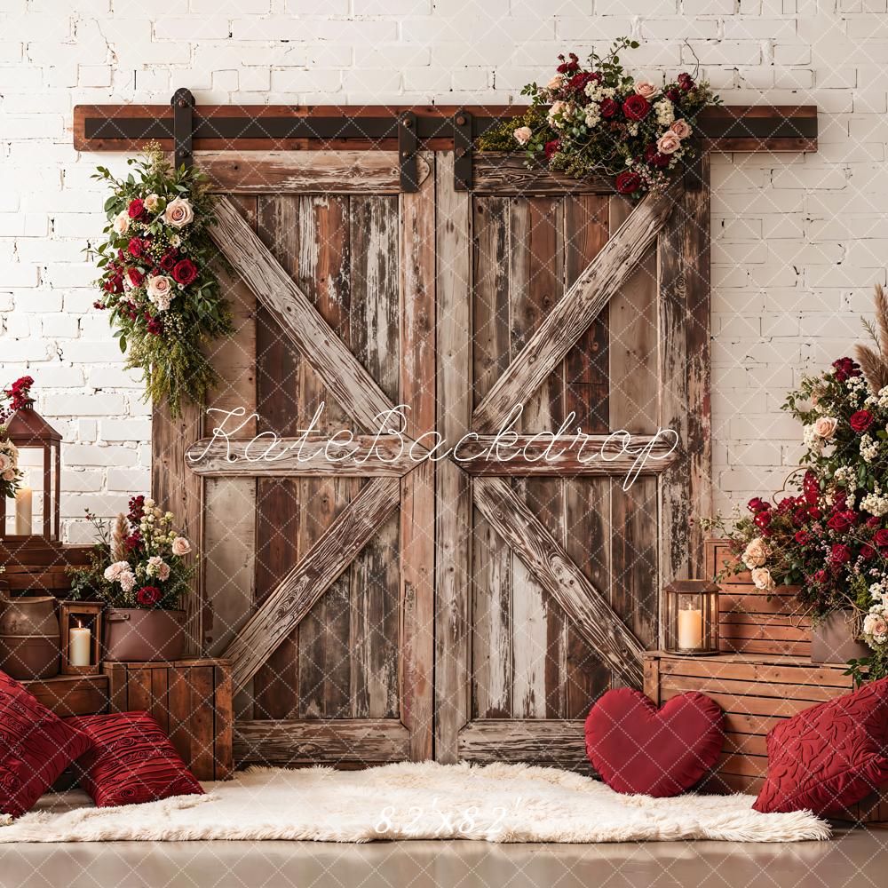 Kate Valentine Rustic Barn Door Red Floral Crate Backdrop Designed by Emetselch - Image 5