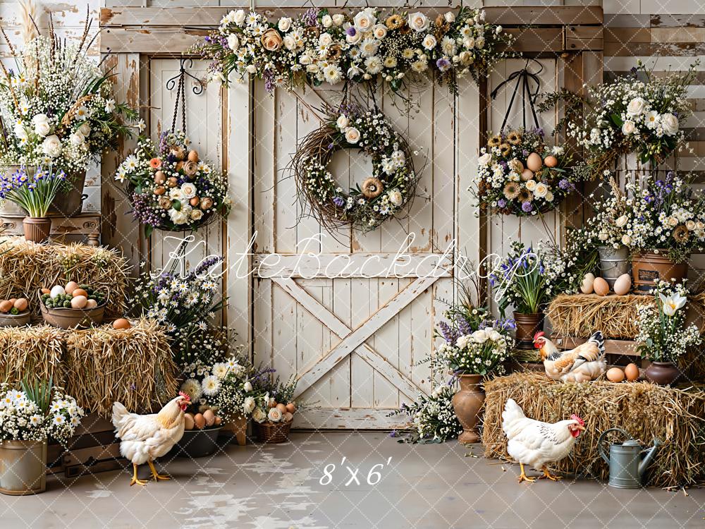 Kate Easter Rustic Barn Hay Chickens Backdrop Designed by Emetselch - Image 3