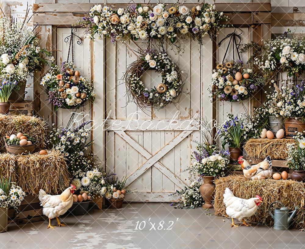 Kate Easter Rustic Barn Hay Chickens Backdrop Designed by Emetselch - Image 6