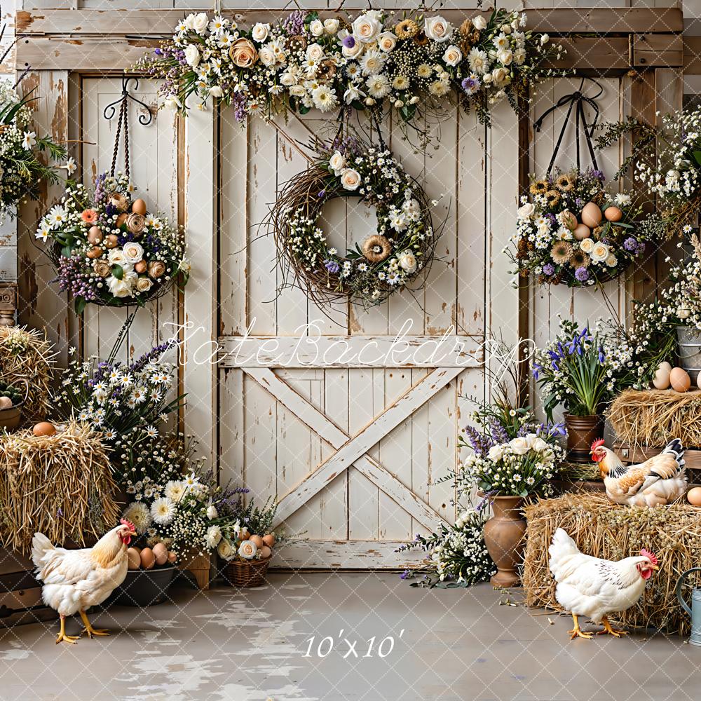 Kate Easter Rustic Barn Hay Chickens Backdrop Designed by Emetselch - Image 7