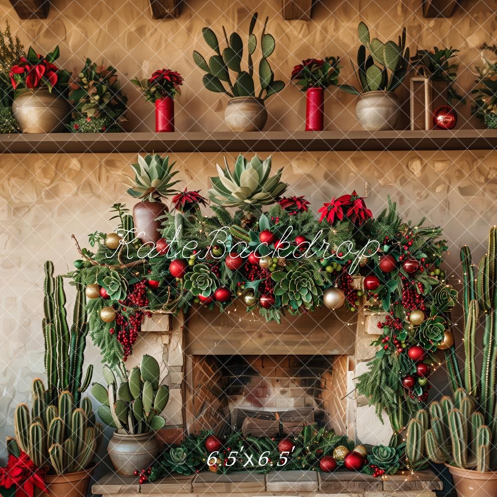Kate Rustic Christmas Cactus Fireplace Backdrop Designed by Patty Robert - Image 2