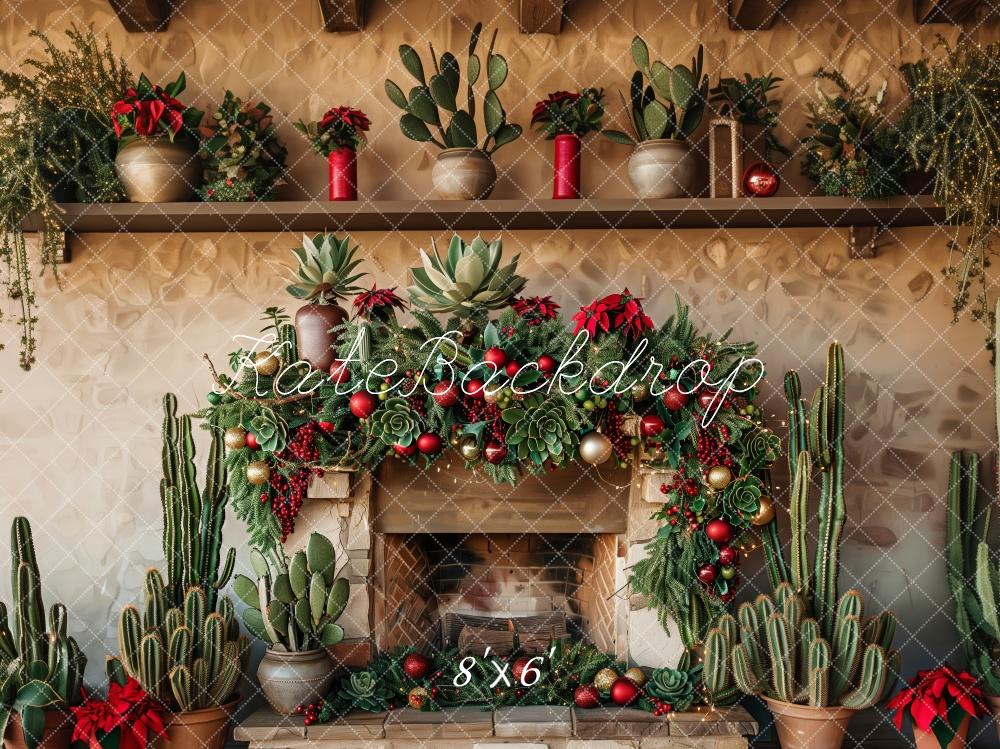 Kate Rustic Christmas Cactus Fireplace Backdrop Designed by Patty Robert - Image 3