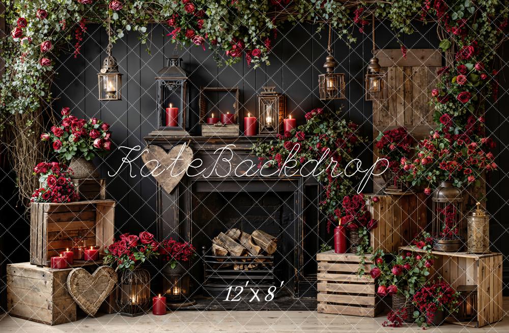 Kate Rustic Fireplace Red Roses Lanterns Fleece Backdrop Designed by Emstselch - Image 4