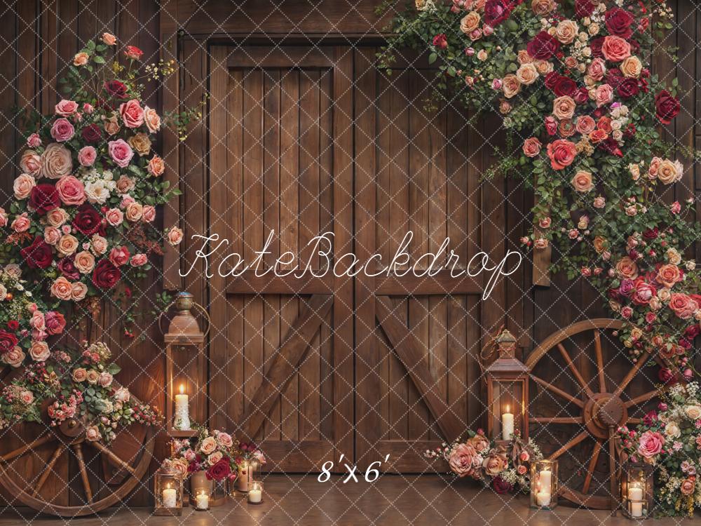 Kate Rustic Wooden Doors Wagon Wheels Garland Backdrop Designed by Emetselch - Image 3