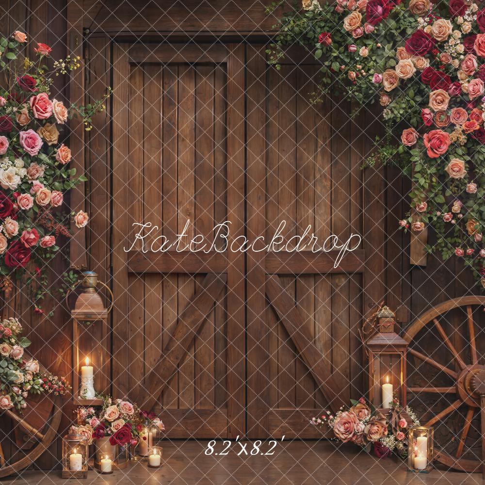 Kate Rustic Wooden Doors Wagon Wheels Garland Backdrop Designed by Emetselch - Image 5