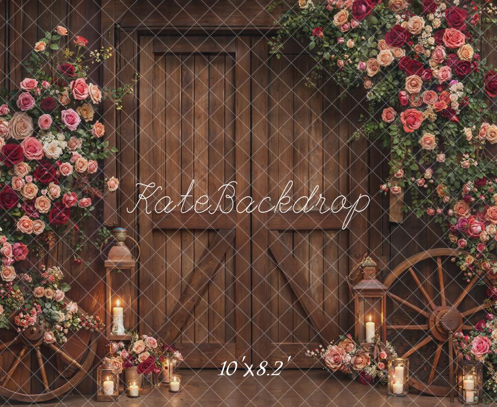 Kate Rustic Wooden Doors Wagon Wheels Garland Backdrop Designed by Emetselch - Image 6
