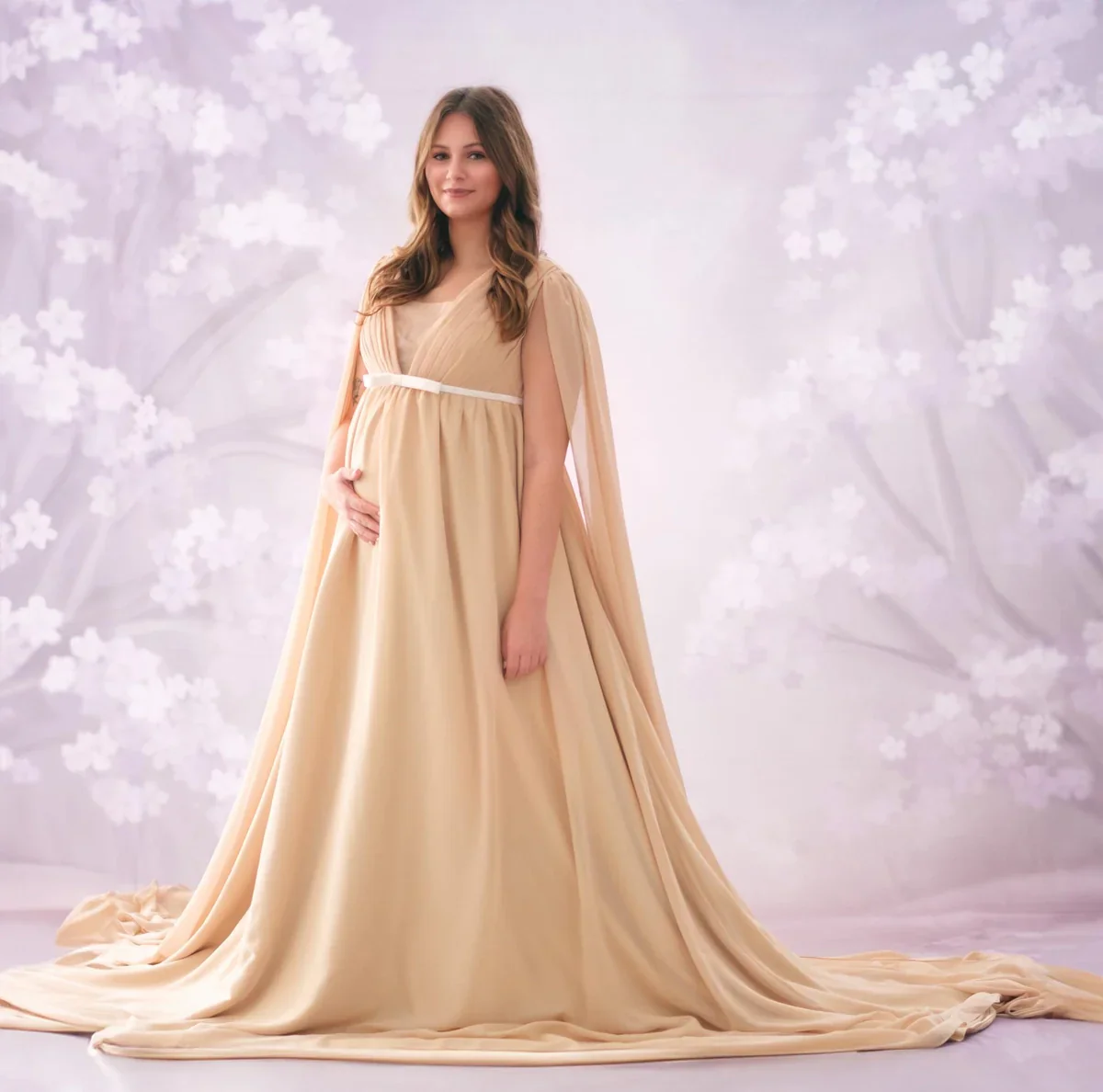 Kate Brown Yellow Satin Maternity Photoshoot Dress - Image 8