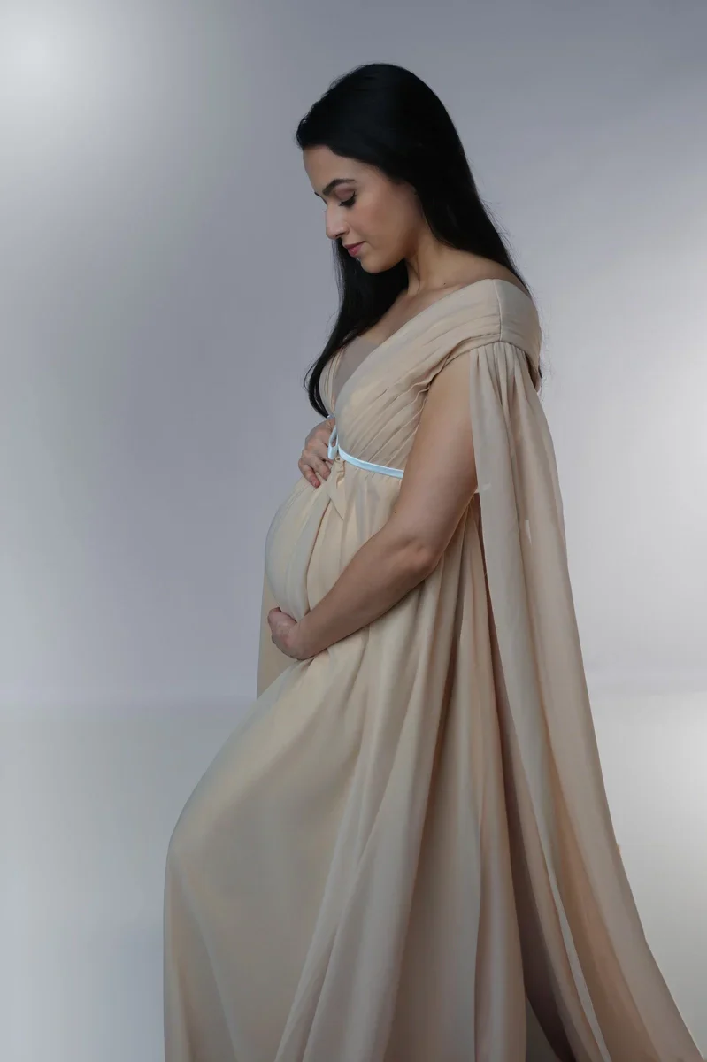 Kate Brown Yellow Satin Maternity Photoshoot Dress - Image 9