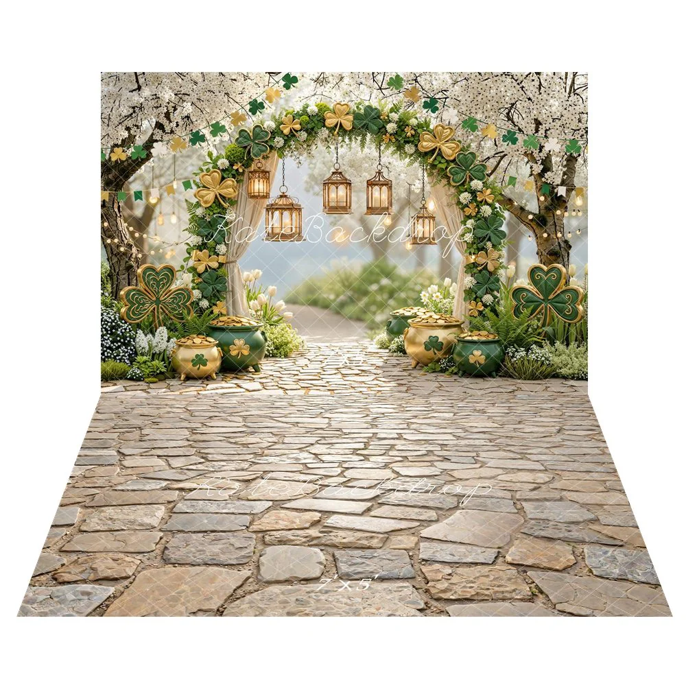 Kate Shamrock Arch Gold Pots Cobblestone Backdrop+Cobblestone Floor Texture Backdrop - Image 2