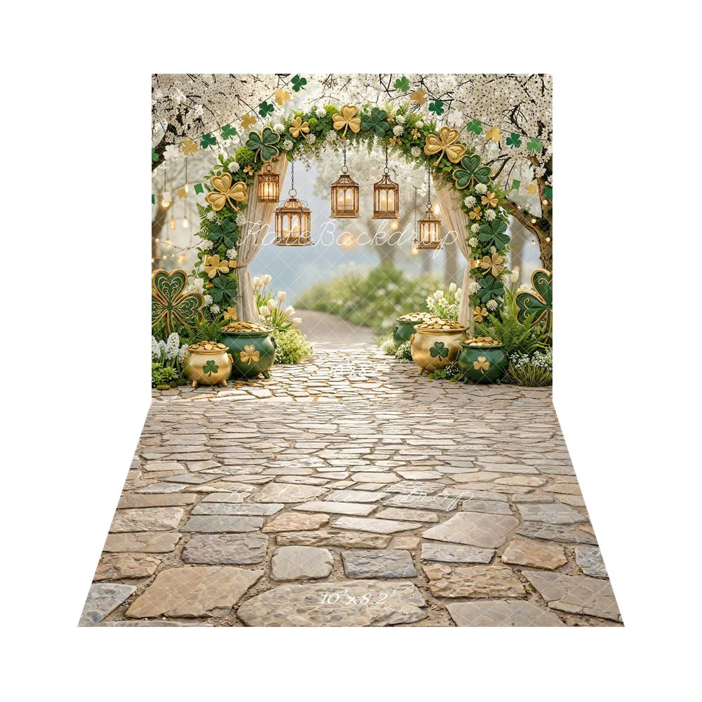 Kate Shamrock Arch Gold Pots Cobblestone Backdrop+Cobblestone Floor Texture Backdrop - Image 3