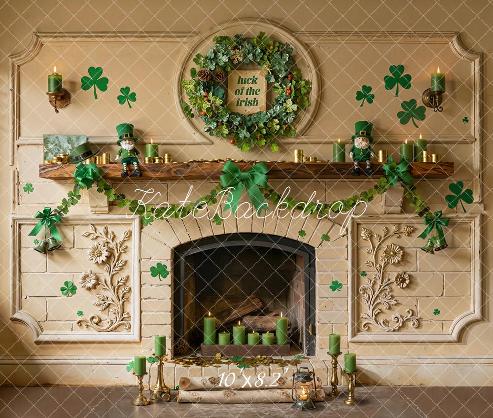 Kate Shamrock Fireplace Green Candles Garland Fleece Backdrop Designed by Emetselch - Image 3