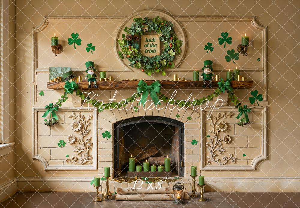 Kate Shamrock Fireplace Green Candles Garland Fleece Backdrop Designed by Emetselch - Image 4