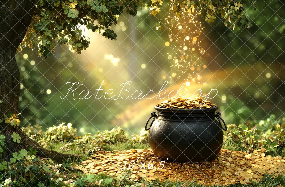 Kate Shamrock Pot Of Gold Sunlight Forest Fleece Backdrop Designed by Chain Photography - Image 2