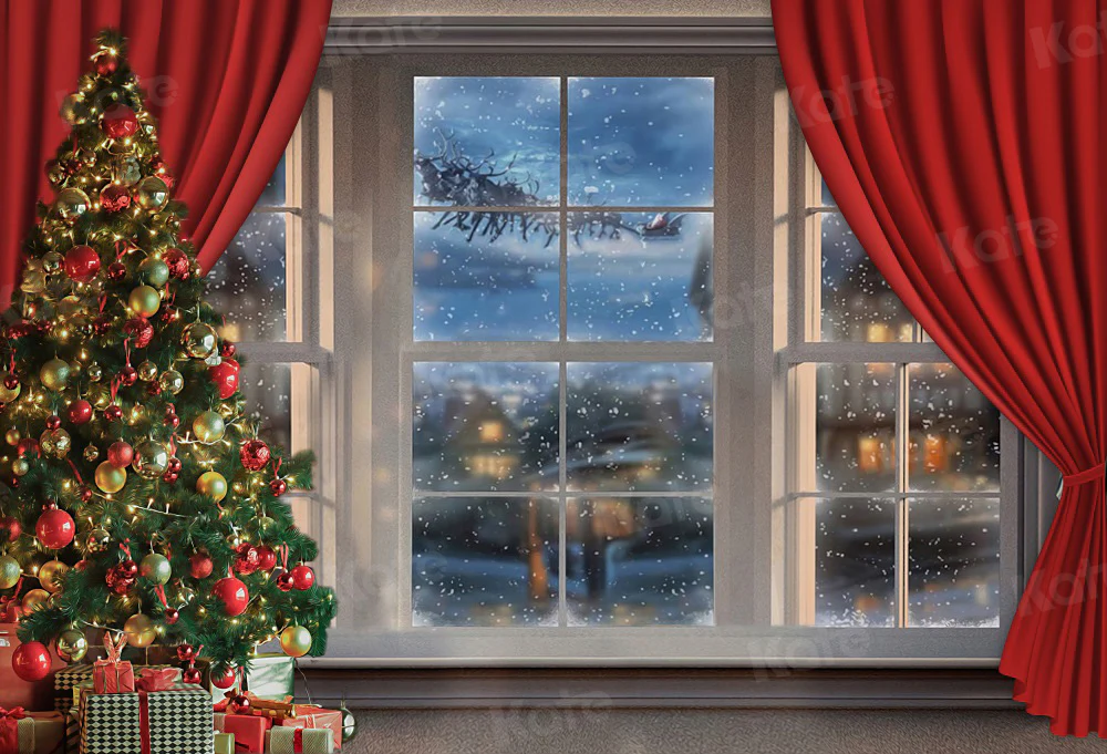 Kate Snowy Christmas Window Red Curtain Backdrop for Photography - Image 2