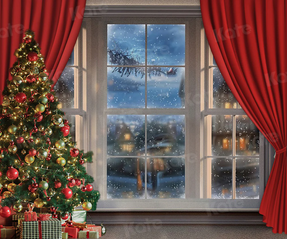 Kate Snowy Christmas Window Red Curtain Backdrop for Photography - Image 5