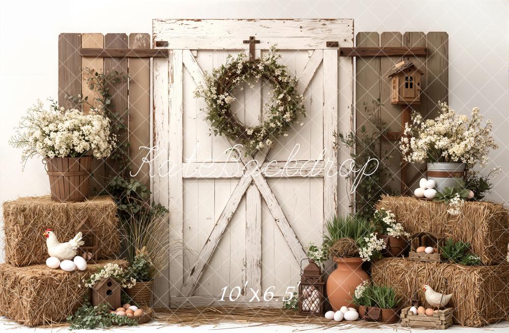 Kate Spring Barn Door Hay Chicken Eggs Fleece Backdrop Designed by Emetselch - Image 2