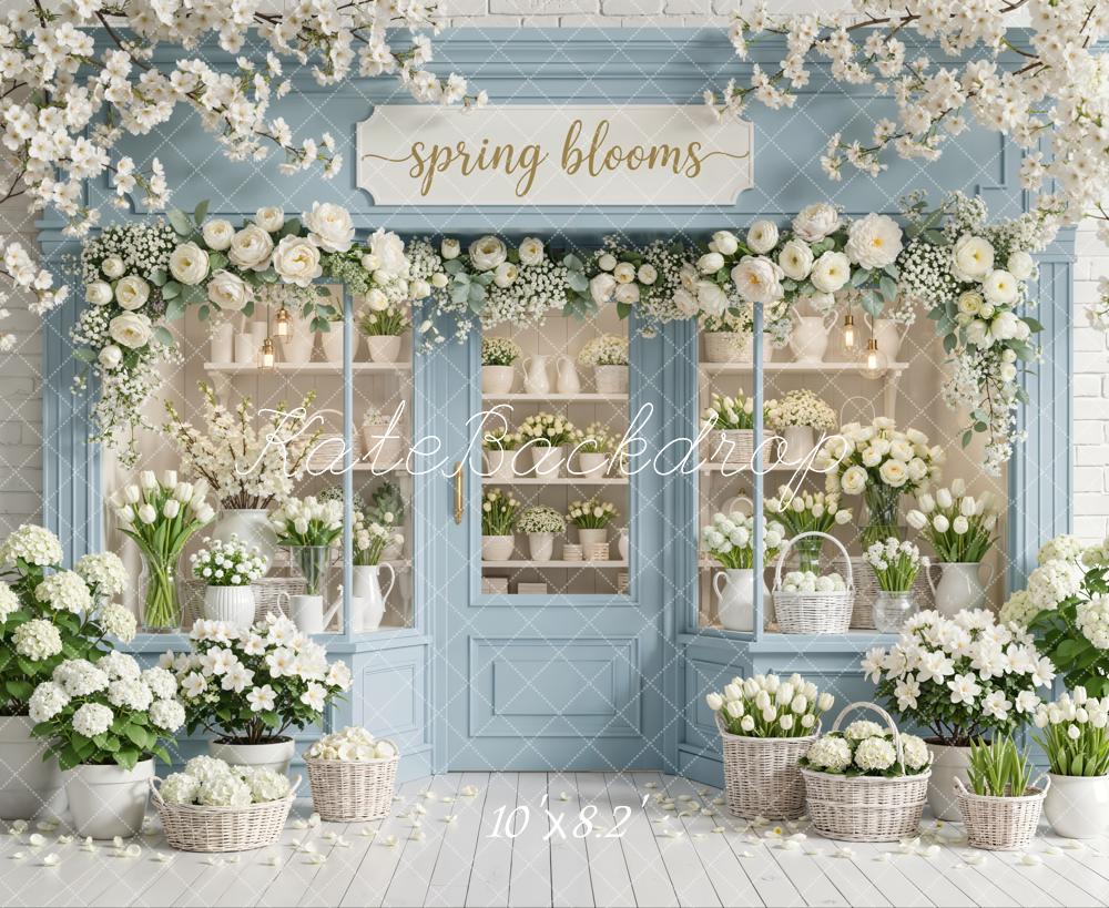 Kate Spring Blooms Blue Shopfront Fleece Backdrop Designed by Emetselch - Image 3