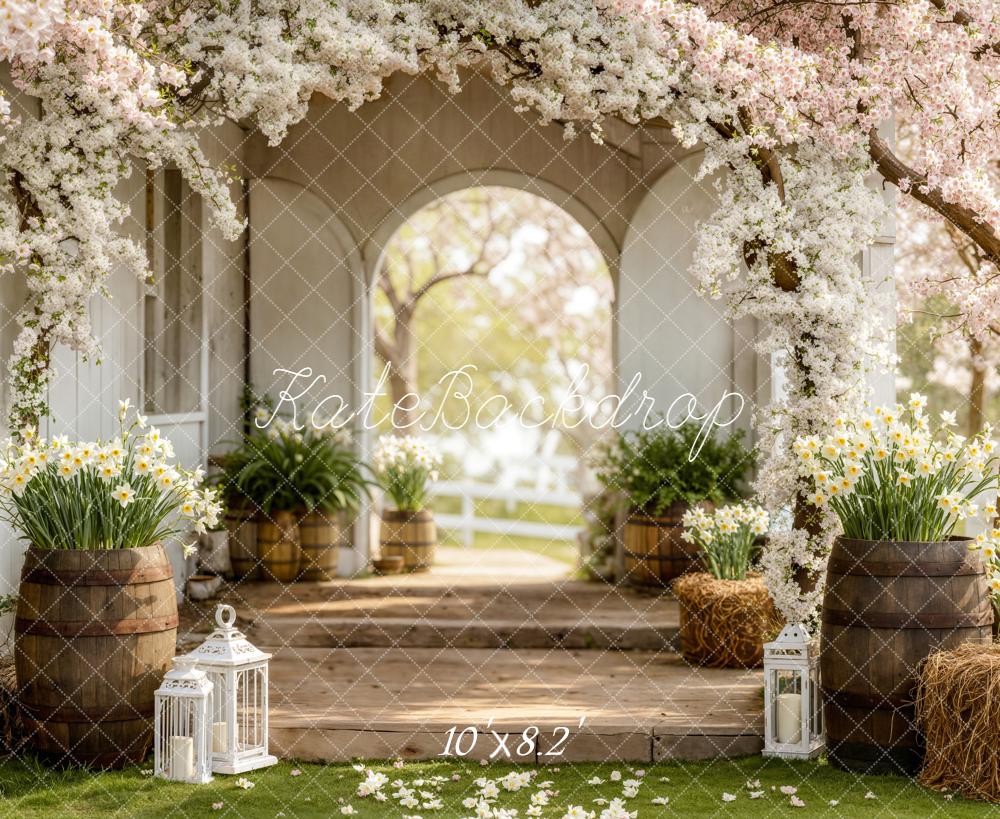 Kate Spring Blossom Arch Wooden Barrels Fleece Backdrop Designed by Emstselch - Image 3