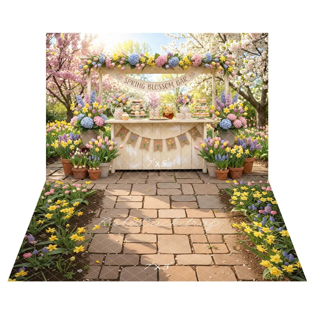 Kate Spring Blossom Bar Garden Backdrop+Garden Stone Path Tulips Daffodils Floor Backdrop