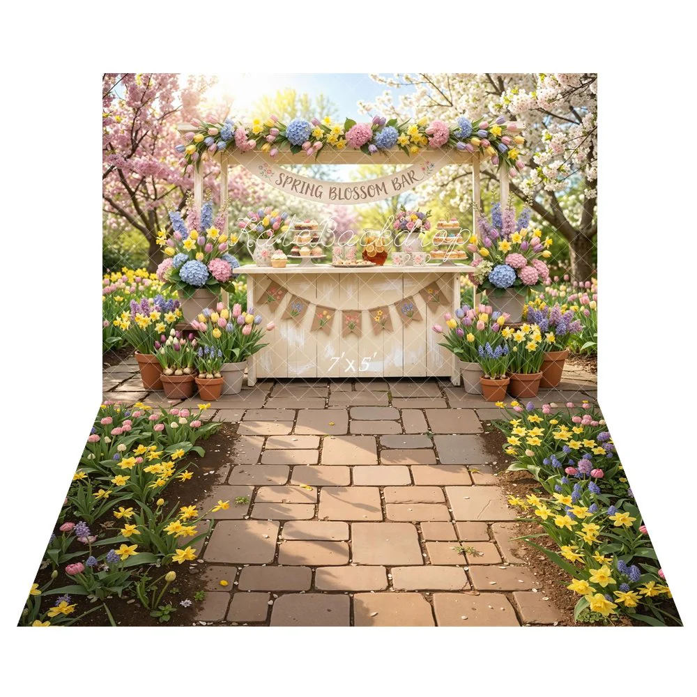 Kate Spring Blossom Bar Garden Backdrop+Garden Stone Path Tulips Daffodils Floor Backdrop - Image 2