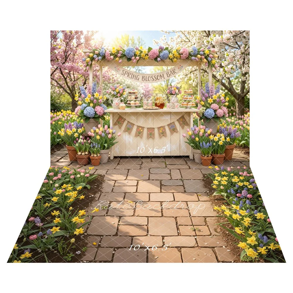 Kate Spring Blossom Bar Garden Backdrop+Garden Stone Path Tulips Daffodils Floor Backdrop - Image 3