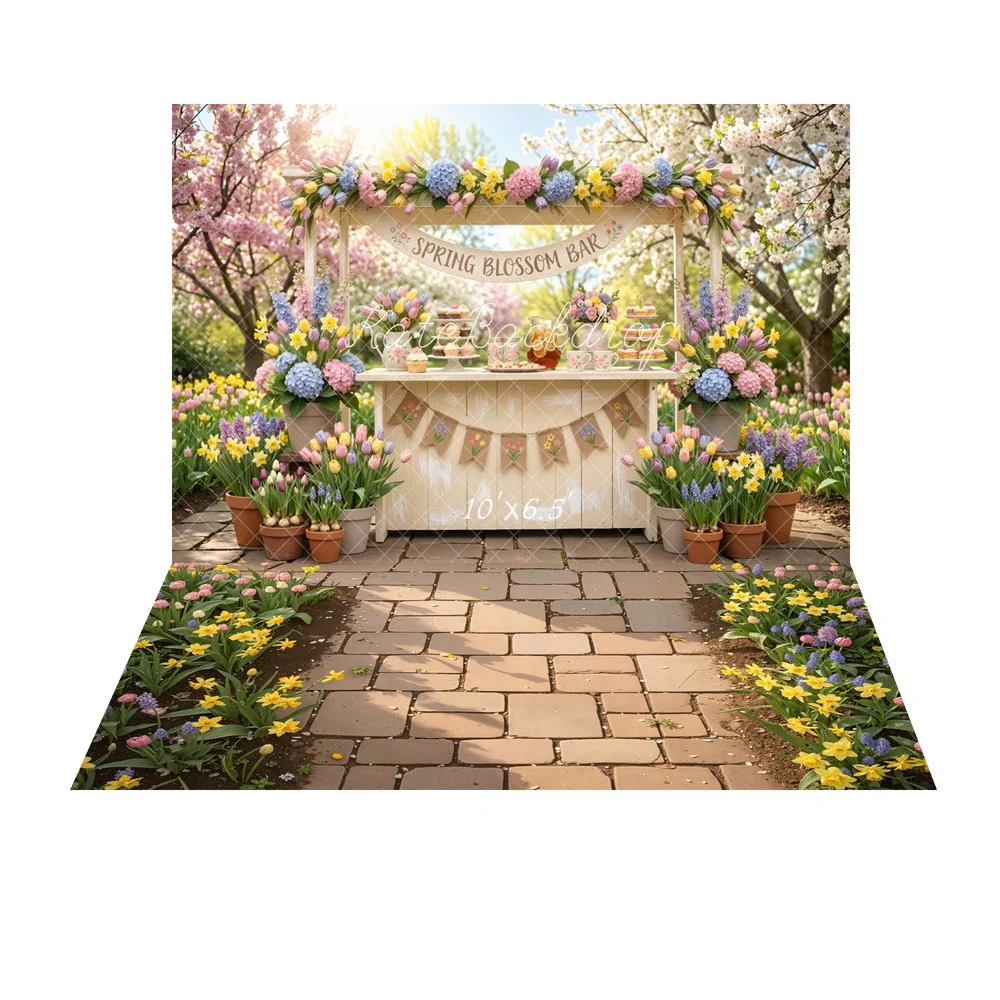 Kate Spring Blossom Bar Garden Backdrop+Garden Stone Path Tulips Daffodils Floor Backdrop - Image 4