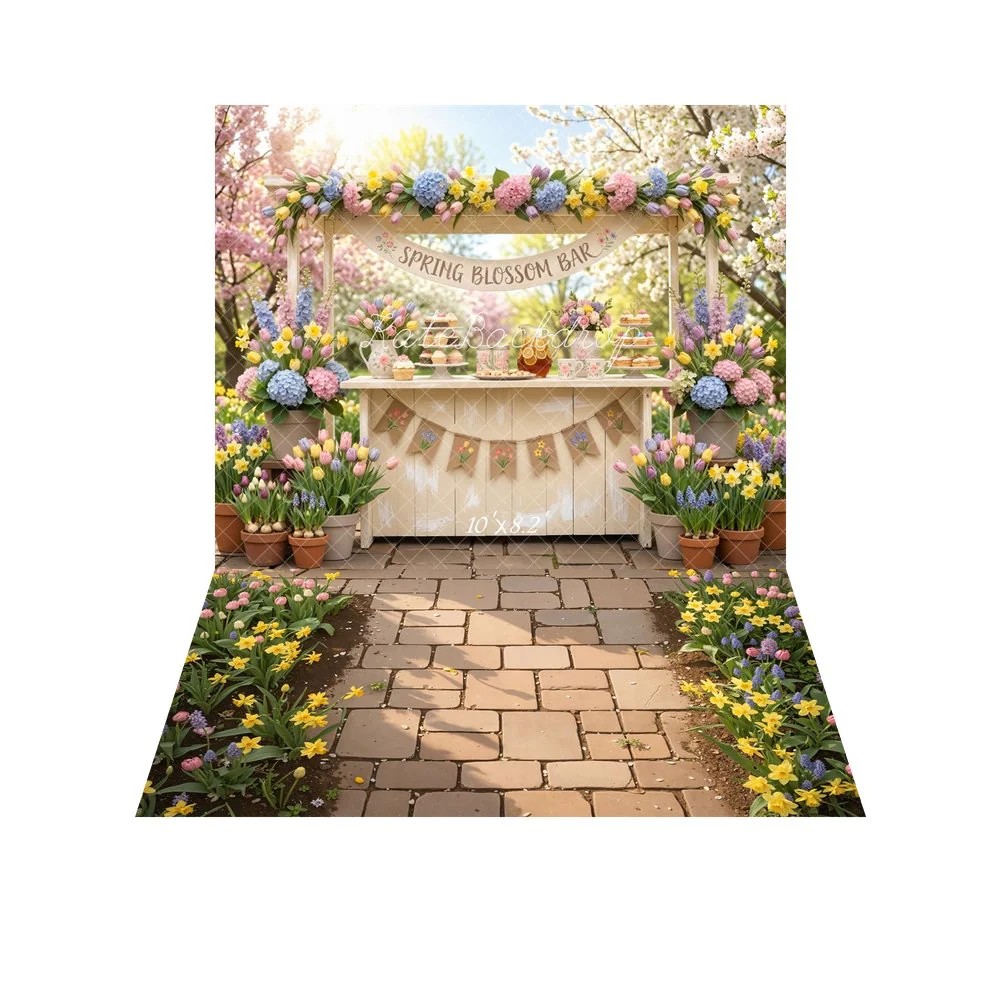 Kate Spring Blossom Bar Garden Backdrop+Garden Stone Path Tulips Daffodils Floor Backdrop - Image 6