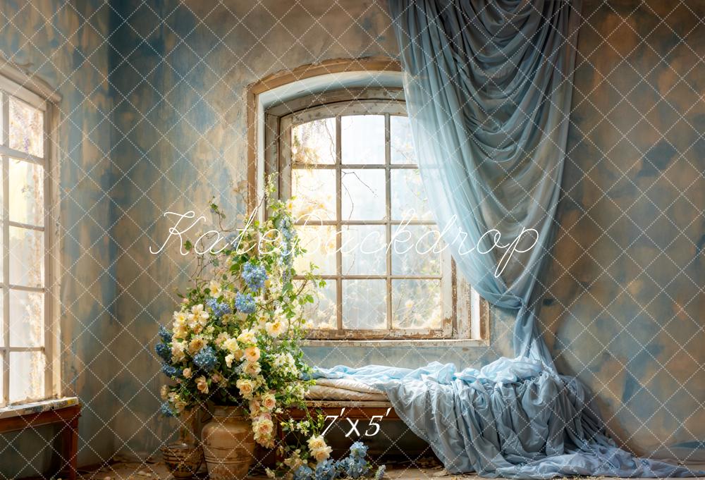 Kate Spring Blue Curtains Flowers Windows Room Backdrop Designed by Emetselch - Image 2